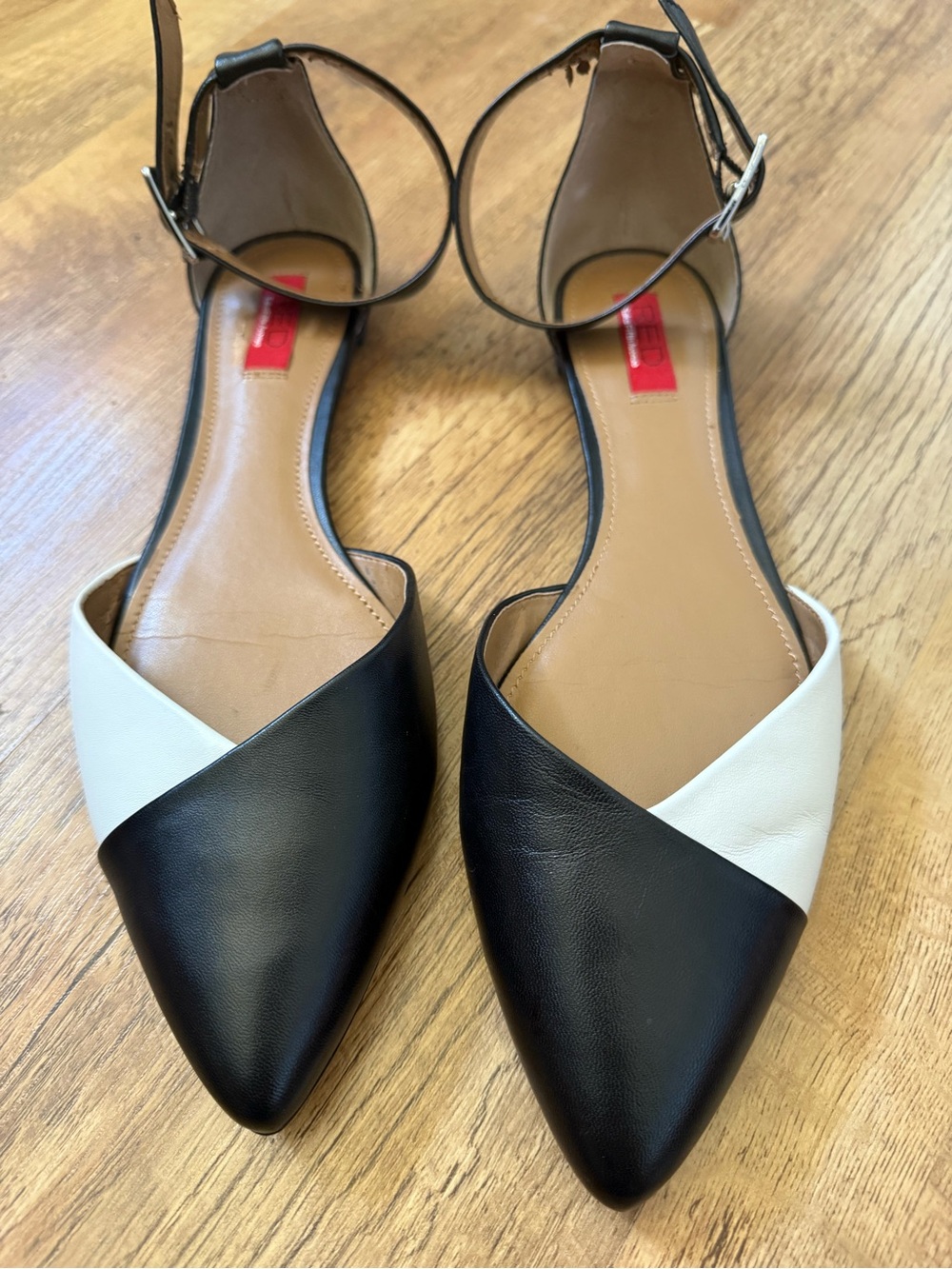 RED Saks Fifth Avenue Black/White D'Orsay Pointed Toe Flats with Ankle Strap